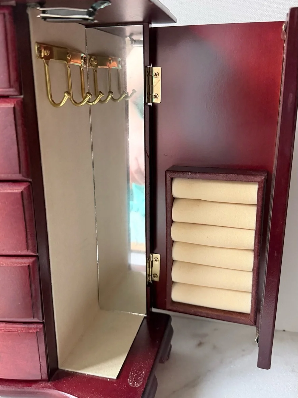 Wooden Jewelry Armoire Chest in Deep Red - Classic Storage Organizer